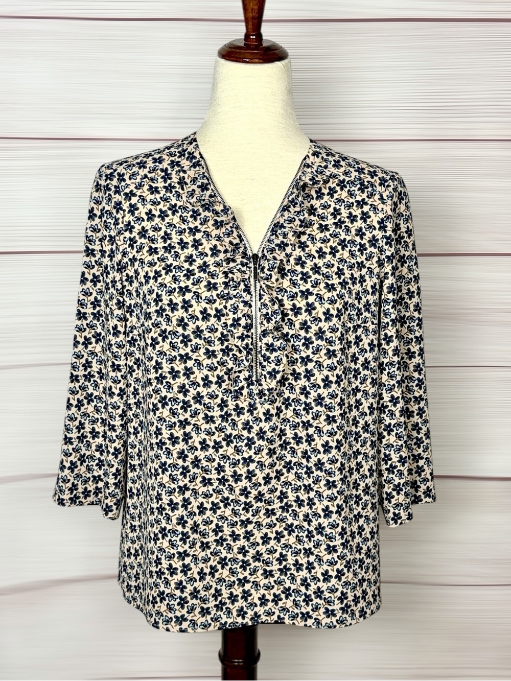 Gerard Darel Paris Floral Blouse Zip Neck Ruffle Trim Blue Beige Size 38 US 6
